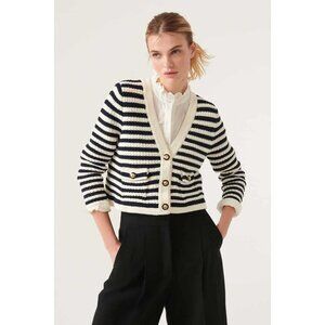 BA&SH BASH Off White Navy Blue Cotton GAMDEN Striped Knit Top Cardigan 0 XS